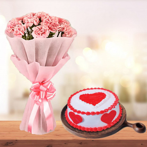 Carnations With Red Velvet Cake 