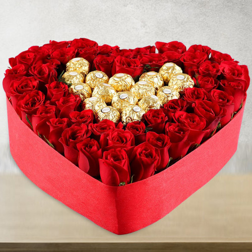 Roses & Ferrero Rocher in a Heart Shape Box 