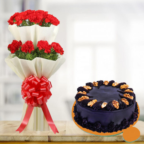 20 Red Carnation & 0.5 Kg Choco Walnut Cake