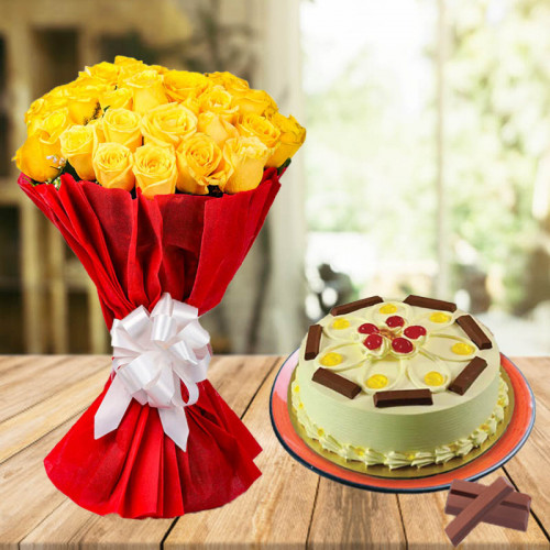 50 Yellow Roses & KitKat Butterscotch Cake