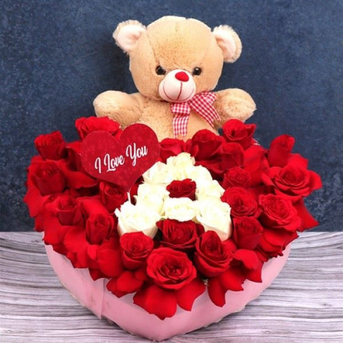 30 Roses Heart Shape Arrangement 12 Inches Teddy Bear