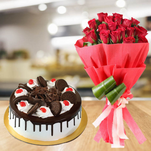 20 Red Roses & 0.5 Kg Black Forest Oreo Cake