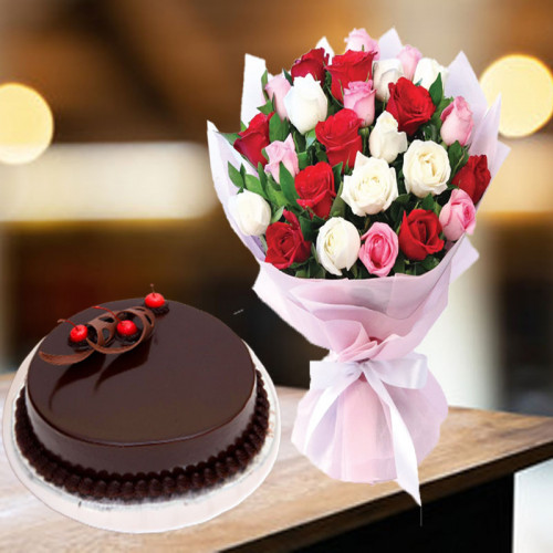 24 Mix Roses & 0.5 Kg Chocolate cake