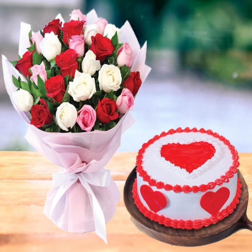 24 Mix Roses & 0.5 Kg Red Velvet Cake