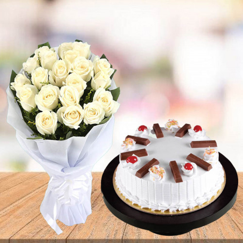 20 White Roses & 0.5 Kg KitKat Vanilla Cake