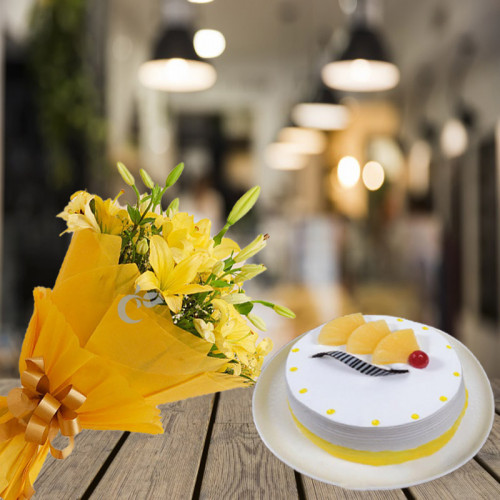 Yellow Lilies & 0.5 Kg Pineapple Cream Cake