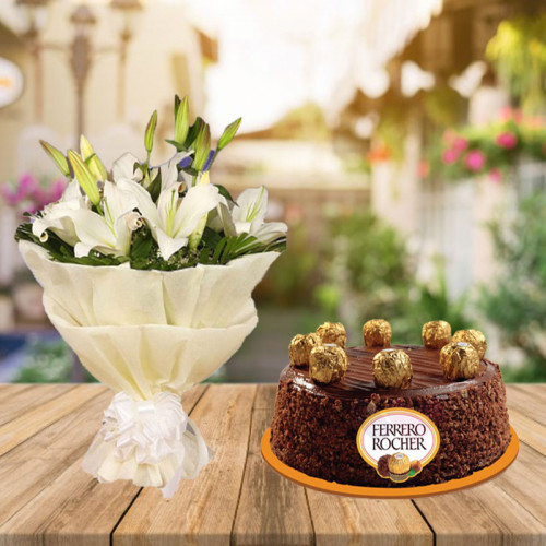 White Lilies & 0.5 Kg Ferrero Rochers Cake