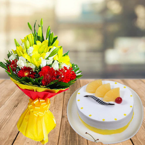 Lilies with Mix Flowers & 0.5 Kg Pineapple Cake