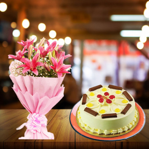 Pink Lilies & 0.5 Kg KitKat Butterscotch Cake