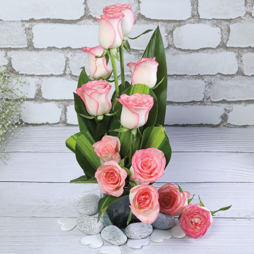 10 Pink Roses Vase Arrangement - Front View