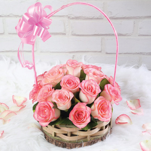 20 Pink Roses Handle Basket - Front View