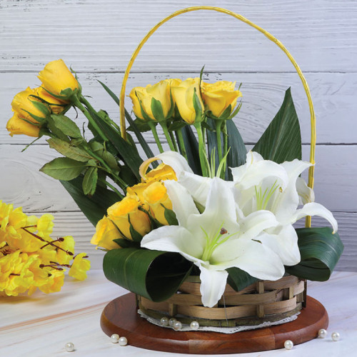 15 Yellow Roses 3 White Lily Basket - Front View