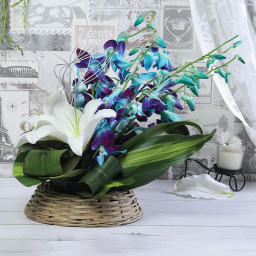 5 Blue Orchids 2 White Lily Basket - Front View