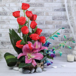 12 Red Roses 2 Pink Lily 2 Blue Orchid - Front View