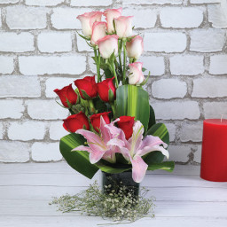 7 Pink Roses 6 Red Roses 2 Pink Lily Vase - Front View