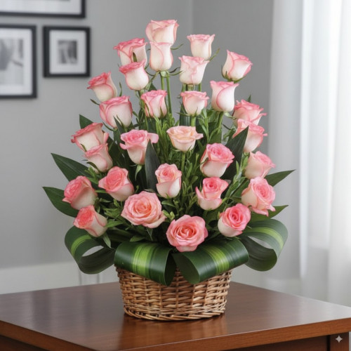 Pink Rose Basket for Valentine's Day - Pink Blossom Bliss Pink Rose Basket for Valentine's Day - Pink Blossom Bliss