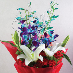 6 Red Carnation 4 Blue Orchids 2 White Lily - Zoom View