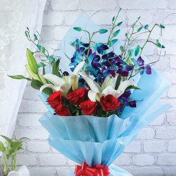 6 Red Roses 6 Blue Orchids 2 White Lily - Front View
