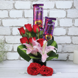 6 Red Roses 2 Pink Lily 2 Dairy Milk Silk(60 Grm) - Front View