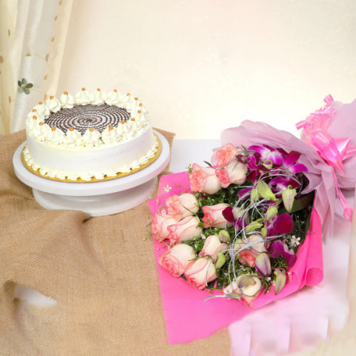 Bouquet of 10 Pink Roses & 3 Purple Orchids Half Kg Butterscotch Cake - Top View