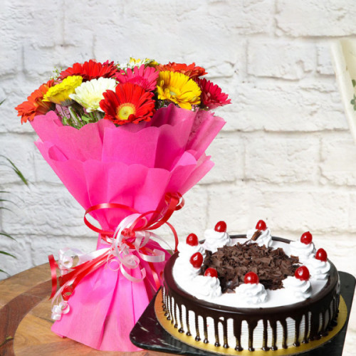 Bunch of 15 Mixed Gerbera Half Kg Blackforest Cake - Front View