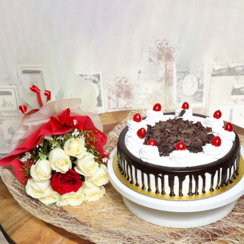 Bunch of 9 Yellow Rose & 1 Red Rose Half Kg Blackforest Cake - Front View