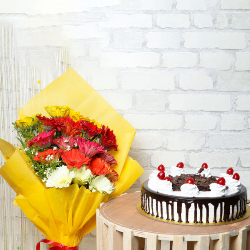 Rainbow Bouquet of 20 Mixed Gerbera Half Kg Blackforest Cake - Front View