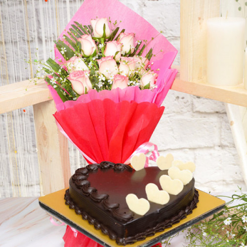 Bouquet of 10 Pink Roses Half Kg Heart Shaped Chocolate Cake - Front View