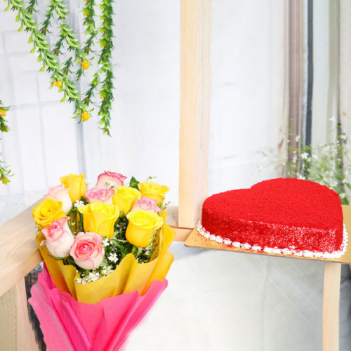 Bunch of 5 Pink Rose & 5 Yellow Rose Half Kg Heart Shaped Red Velvet Cake - Front VIew