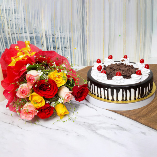 Bunch of 10(Red, Pink & Yellow) Mixed Roses Half Kg Blackforest Cake - Front View