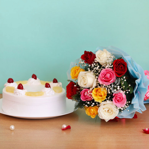 Gift Combo of Half Kg Pineapple Cake with 20 Mix Roses