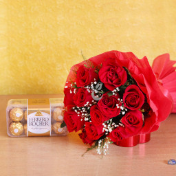 Combo of 10 Red Roses Bouquet and 16 Pcs Ferrero Rocher