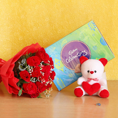 Combo of 12 Red Roses with 1 Cadbury Celebration and One 6 inch Teddy