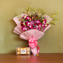 Gift Combo of 6 Purple Orchids Bouquet and 16 Ferrero Rocher Chocolate