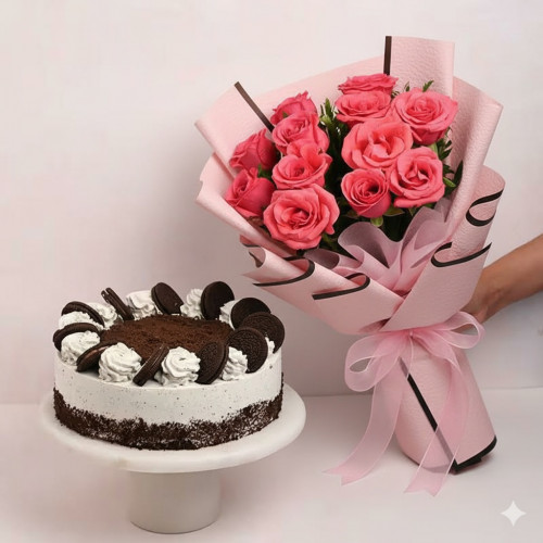 Oreo Cake N Pink Roses: A Gift Combo of 10 Red Roses and 0.5 Kg Oreo Cake
