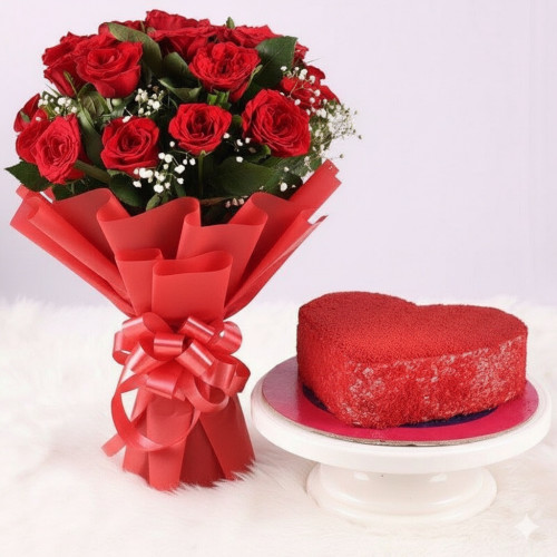 Heart Shaped Red Velvet n Red Roses: A Gift Combo of 10 Red Roses and 0.5 Kg Heart-Shaped Red Velvet Cake