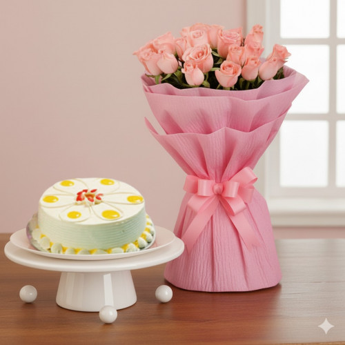 15 Pink Roses n Butterscotch Cake: A Gift Combo of 15 Pink Roses and 0.5 Kg Butterscotch Cake