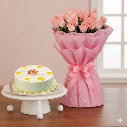 15 Pink Roses n Butterscotch Cake: A Gift Combo of 15 Pink Roses and 0.5 Kg Butterscotch Cake