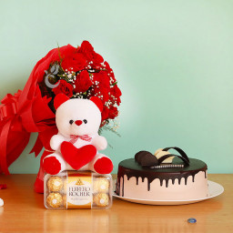 Combo of Bunch of 15 Red Roses, 6 Inch Soft toy, Ferrero Rocher and Chocolate Cake