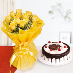 yellow Roses with blackforest cake