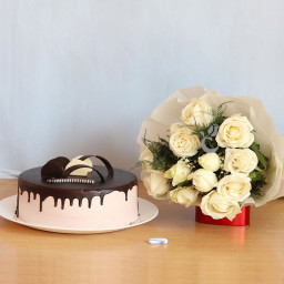 Gift Combo of 10 White Roses and Half Kg Chocolate Cake