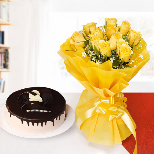 10 yellow Roses + Chocolate cake