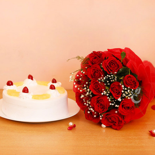 Gift Combo of 10 Red Roses Bunch with Half Kg Pineapple Cake