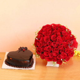 Combo of 50 Red Roses Bouquet and Half Kg Heart Shape Chocolate Cake