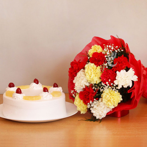 Combo of 12 Mix Carnation Bunch with Half Kg Pineapple Cake