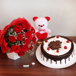 Gift Hamper of 12 Red Roses Bouquet with One 12 Inch Teddy and Half Kg Black Forest Cake