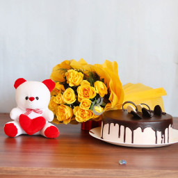 Gift Combo of 12 Yellow Roses Bunch with One 12 inch Teddy and Half Kg Chocolate Cake
