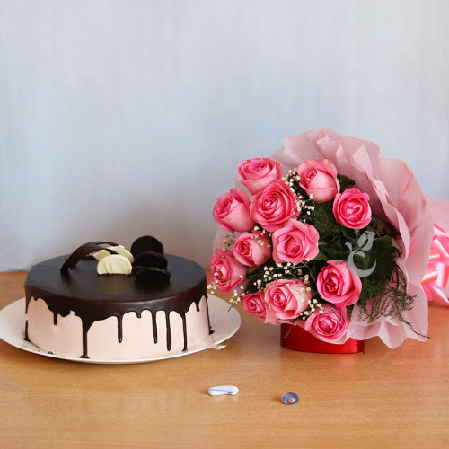 10 Pink Roses And Half Kg Chocolate Truffle Cake Combo Gifts