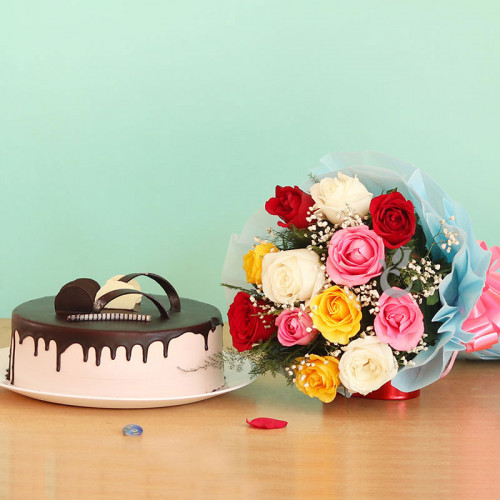 Combo Gift Of 12 Mix Roses With Half kg Chocolate Cake 