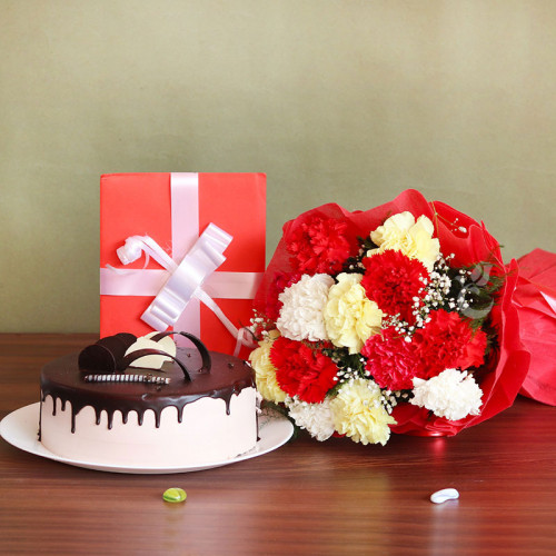10 Mix Carnation+half kg chocolate cake+Greeting card